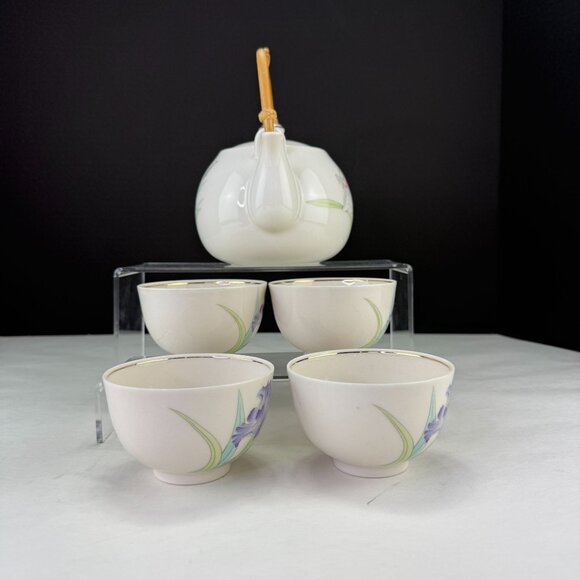 Vintage Otagiri Iris Bouquet Teapot & 4 Cups Set Ceramic Bamboo Handle - Picture 4 of 13